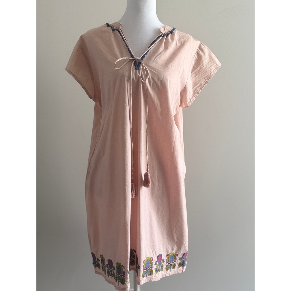 Boho Floral Embroidered Tassel Tie Linen Shift Dress Peach Pink Short Sleeve L